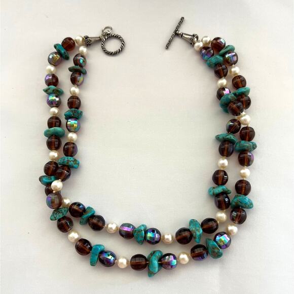 Jewelry - Turquoise and Faux Pearl Multi-Strand Necklace Crafted Vintage-Inspired Layered